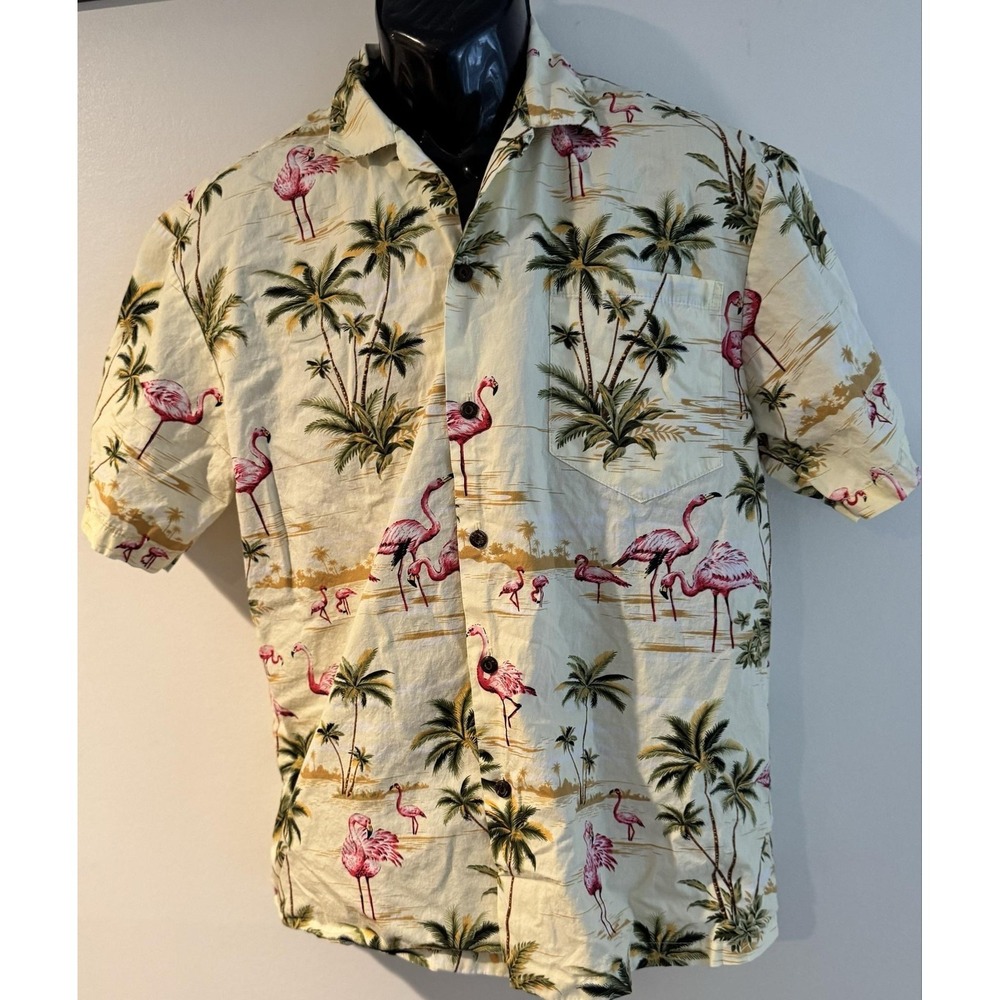 KY'S Shirt Mens L Beige Flamingo Palm Hawaiian Short Sleeve Button-Up Tropical